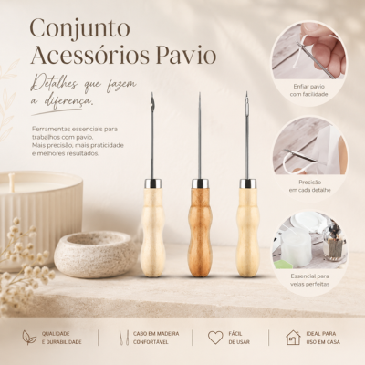 Conjunto de acessórios para pavio com cabos de madeira sobre superfície clara
