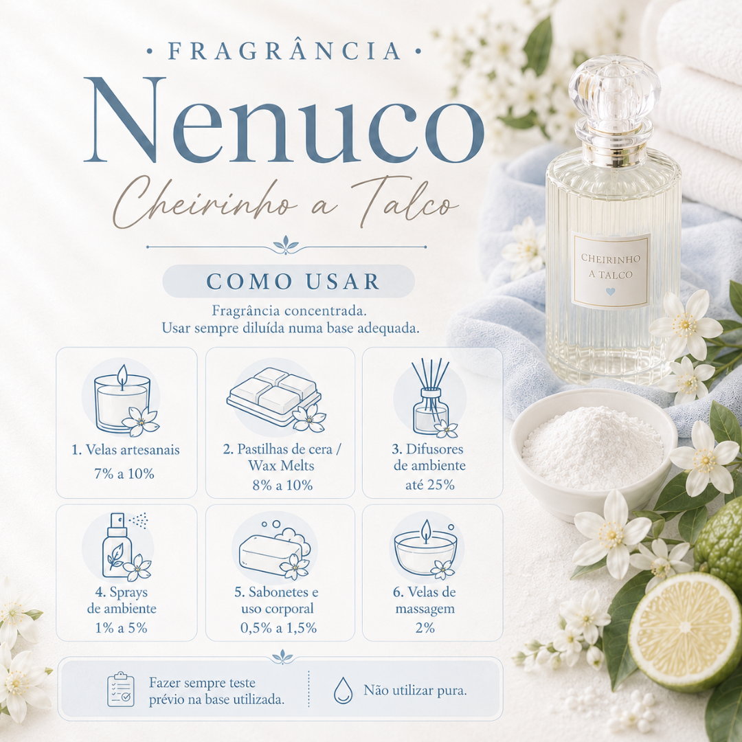 Frasco de fragrância Nenuco Cheirinho a Talco com flores, toalhas e instruções de uso