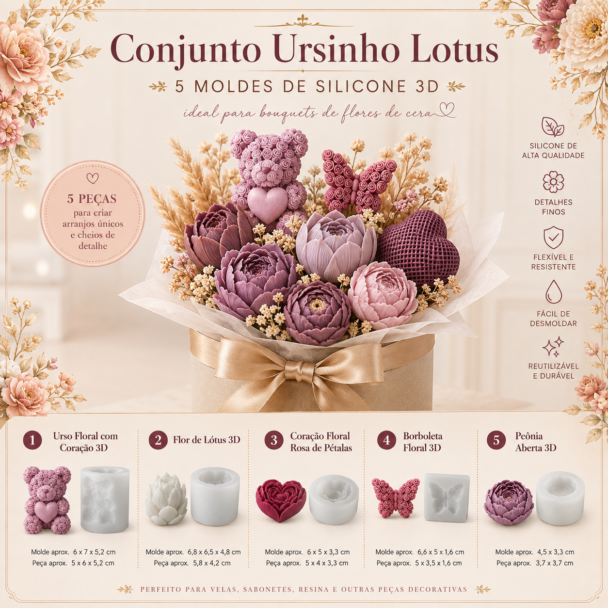 Imagem de conjunto de moldes de silicone 3D para flores e ursinho em arranjo decorativo