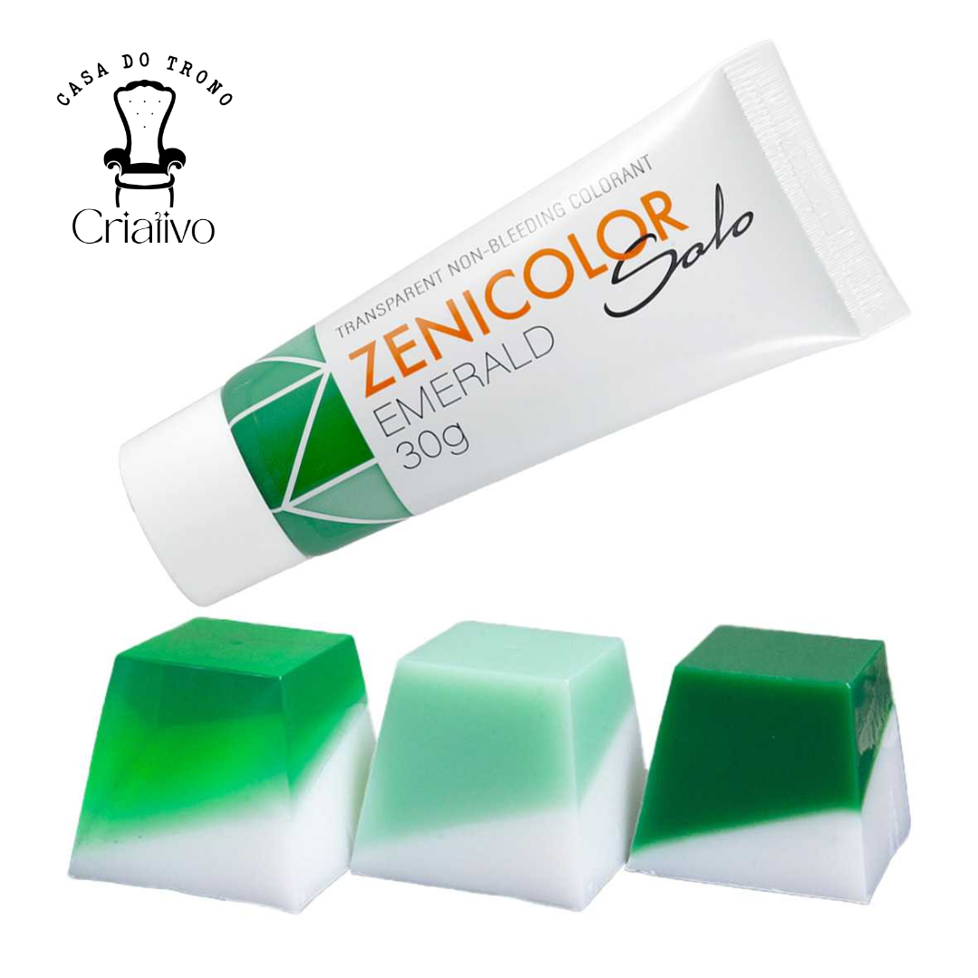 Tubo de corante Zenicolor Solo Emerald 30g com amostras de tinta verde e branco.