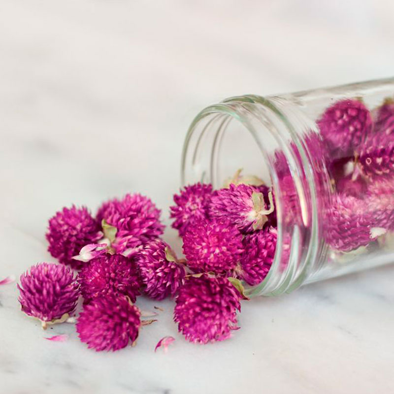 Flores secas roxas saindo de um frasco de vidro sobre superfície branca