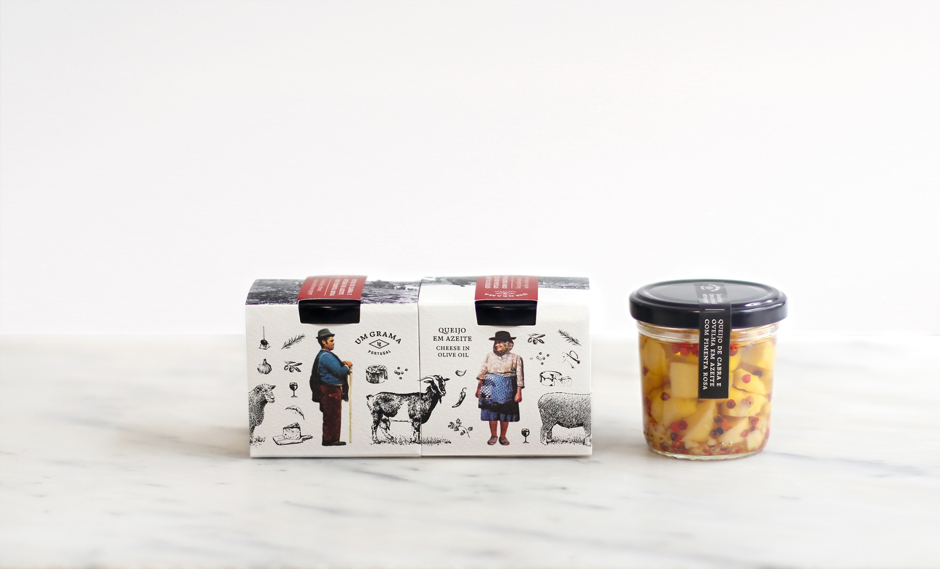 Embala gem de produto alimentar com ilustrações e pote de vidro com etiqueta preta