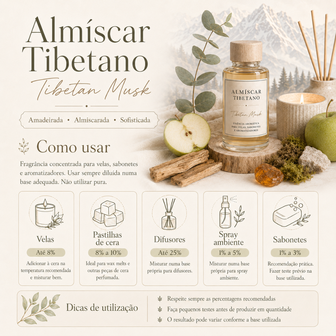 frasco de essência aromática Almíscar Tibetano com tampa de madeira em ambiente natural com maçã, pau de madeira e vela acesa