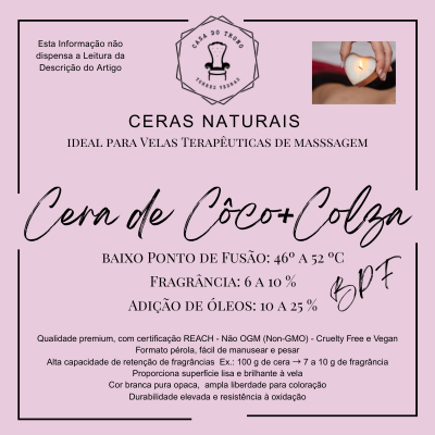 Embalagem rosa com texto sobre cera natural para velas e pequena imagem de mãos segurando vela acesa