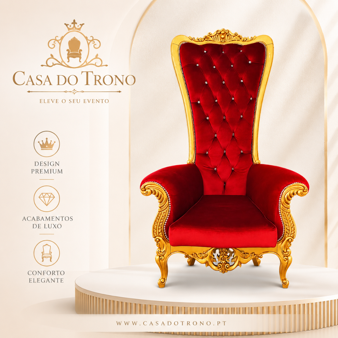 Cadeira de trono vermelha com estrutura dourada e texto promocional em fundo claro