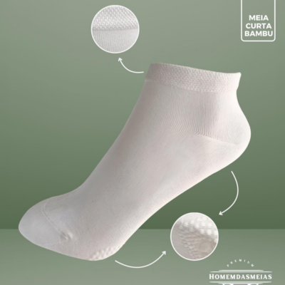 Meia curta branca de bambu com texturas reforçadas