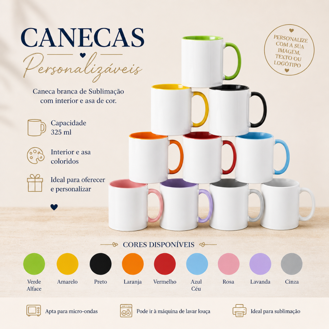 Canecas brancas com interior e asa coloridos empilhadas em superfície de madeira clara