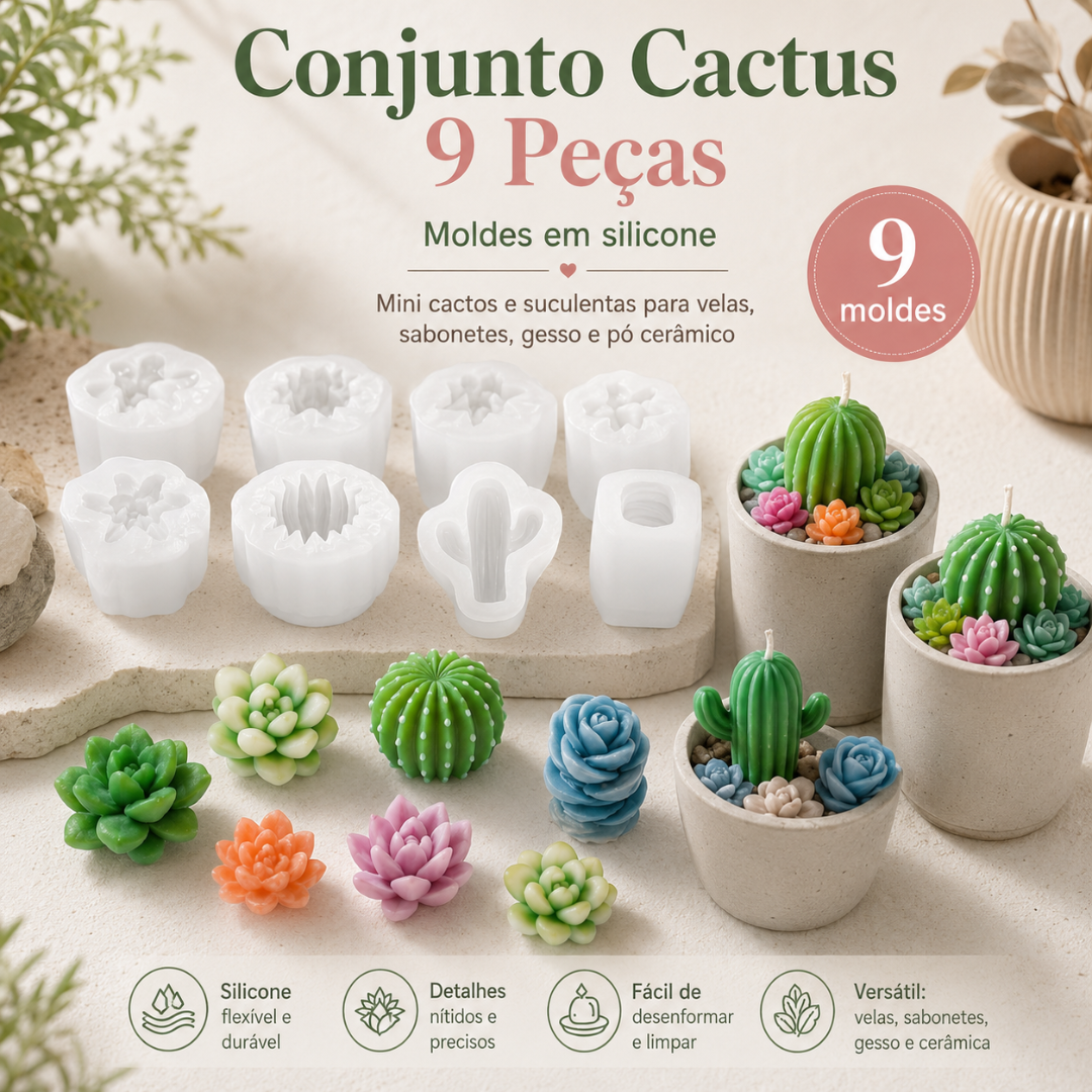 Conjunto de 9 moldes de silicone para mini cactos e suculentas com detalhes nítidos