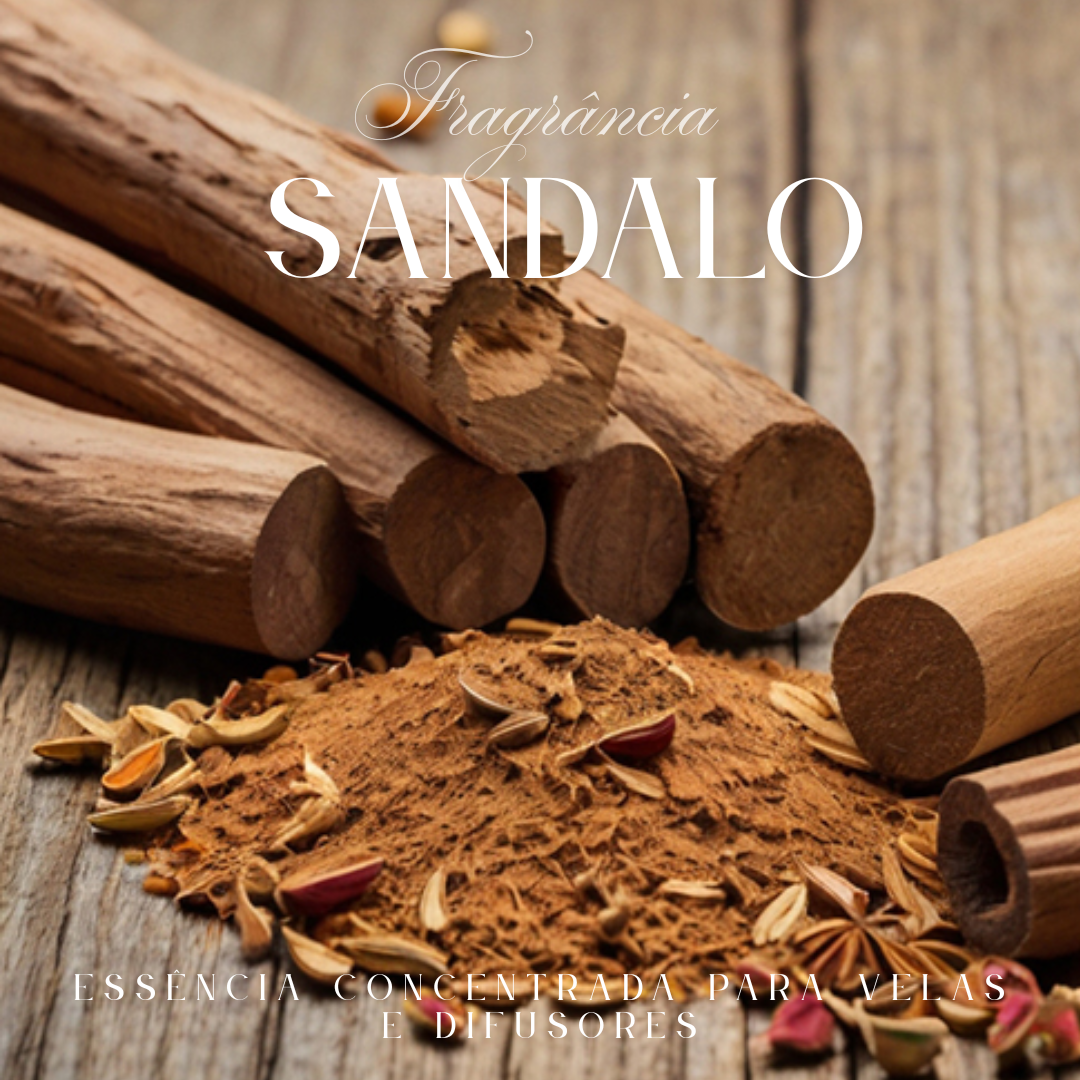 Paus e pó de sândalo com sementes e texto de fragrância para velas e difusores