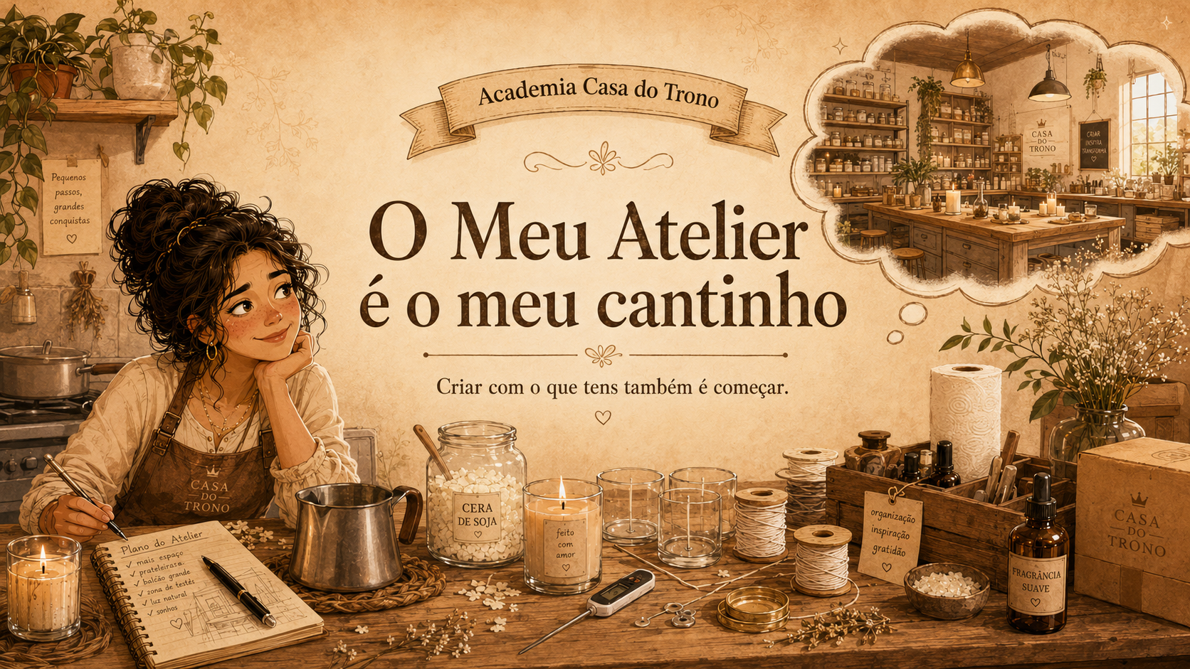 O meu Atelier ... Jovem num atelier com materiais para fazer velas e texto sobre o atelier