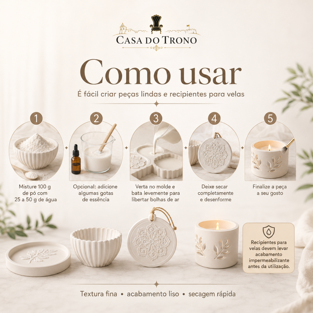 Passos para fazer velas com pó branco, água e essência usando moldes de cerâmica branca da Casa do Trono.