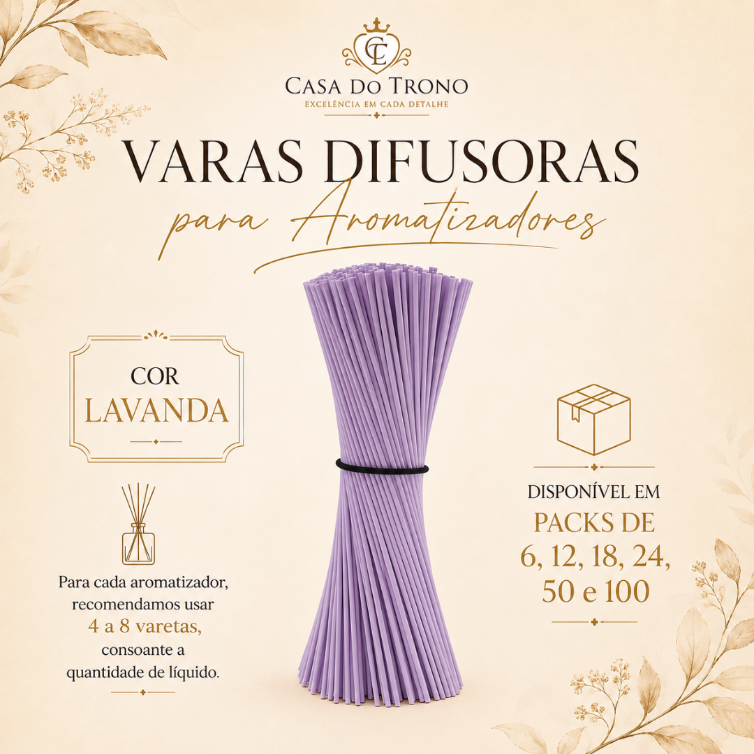 Varas difusoras lavanda para aromatizadores com fundo creme e detalhes florais
