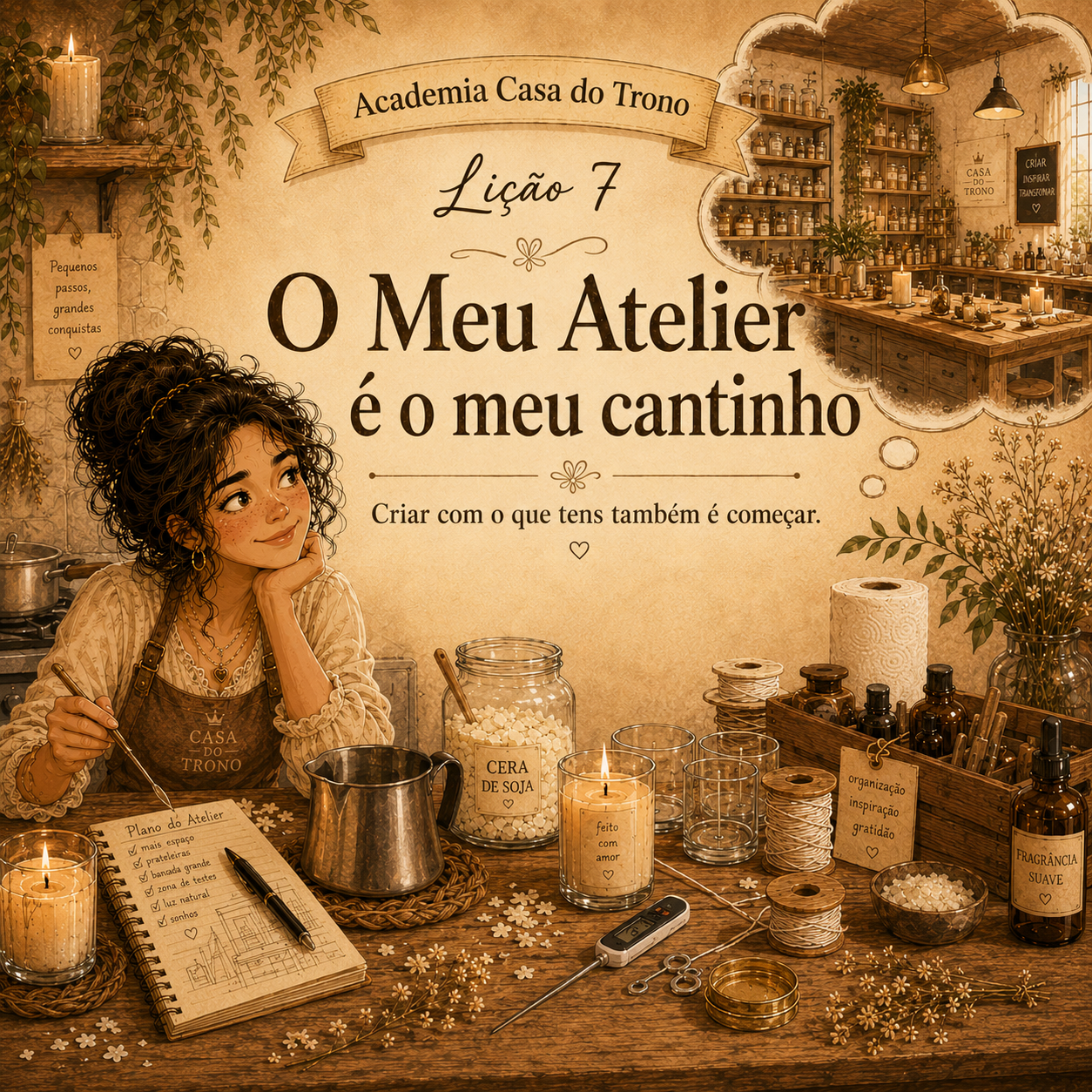 Li&ccedil;&atilde;o 7 da Academia Casa do Trono sobre velas artesanais, materiais criativos e candle making