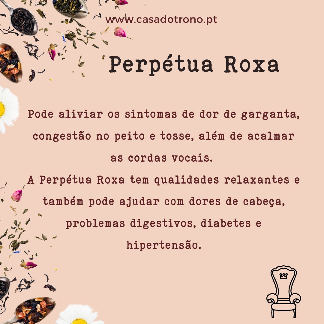 Texto promocional do Perpétua Roxa com fundo rosa e flores secas decorativas