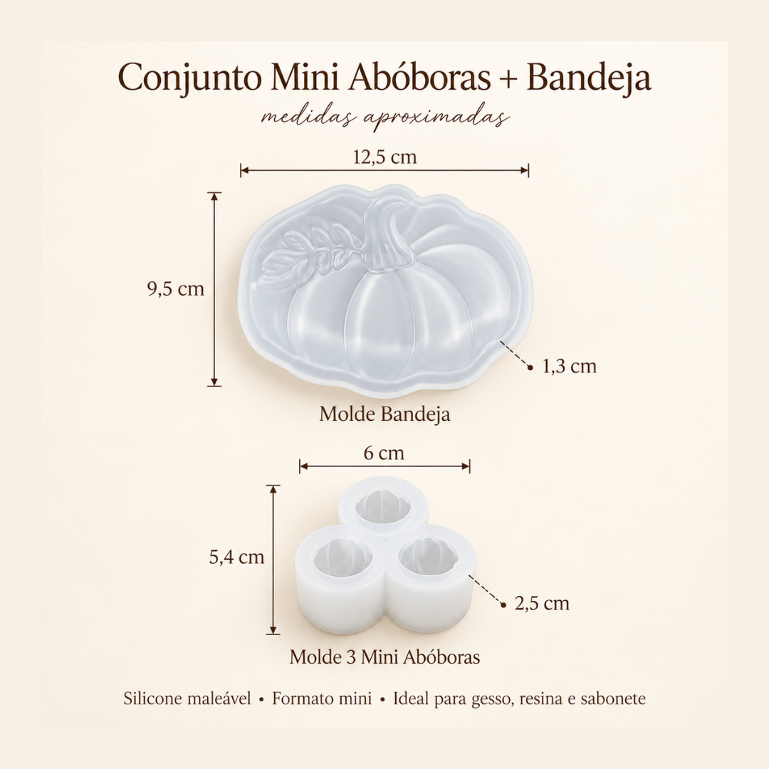 Conjunto de moldes brancos de silicone maleável, um em forma de bandeja de abóbora e outro com três mini abóboras, medidas aproximadas indicadas.