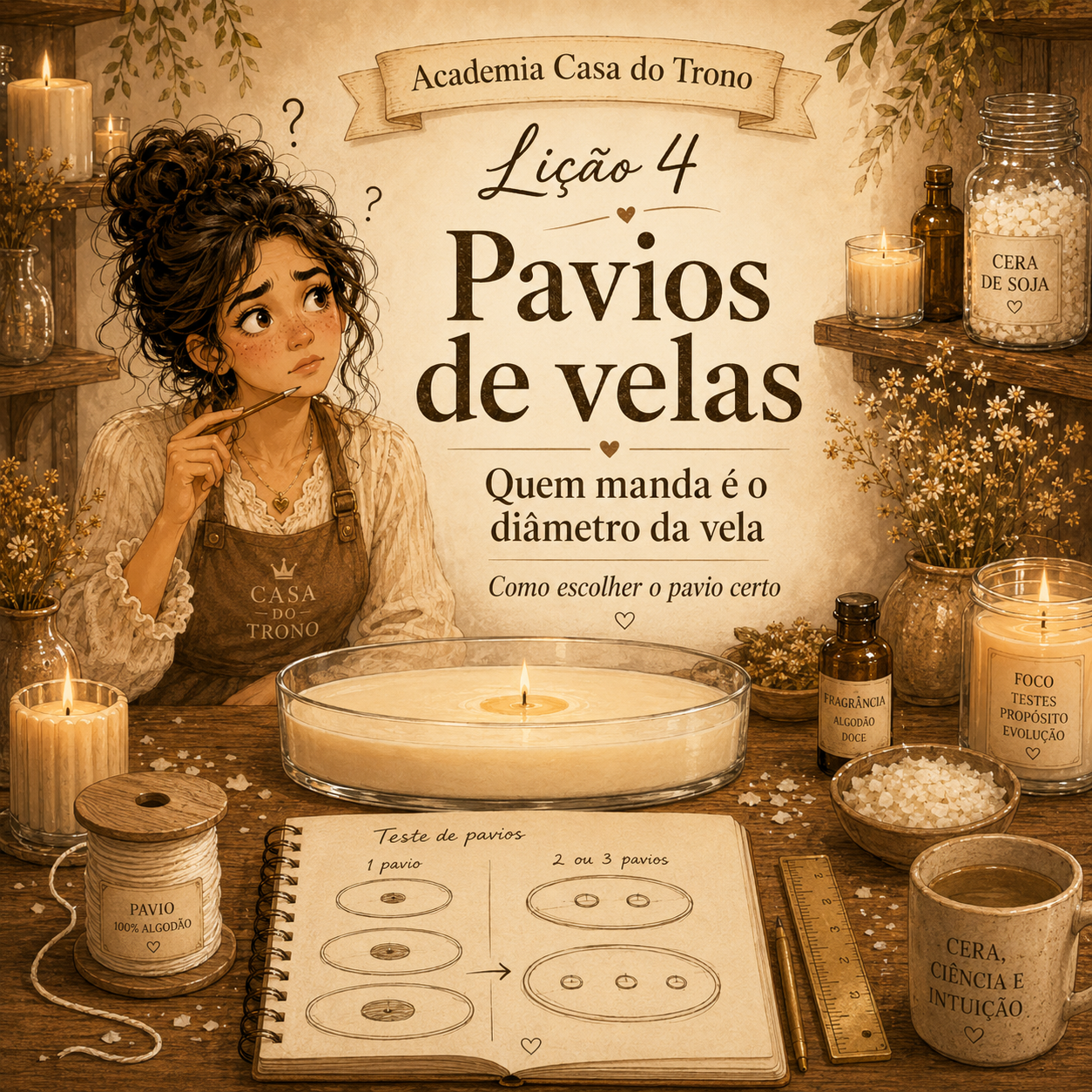 Li&ccedil;&atilde;o 4 da Academia Casa do Trono sobre pavios de velas e como escolher o pavio certo