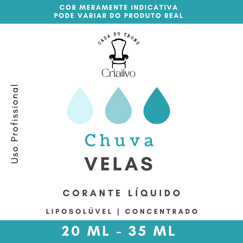 Rótulo branco com texto e gotas azuis azul-turquesa com descrição do corante líquido para velas