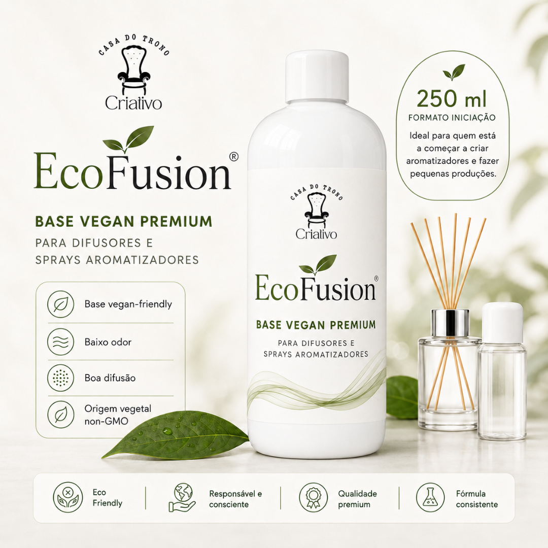 Frasco EcoFusion BASE VEGAN PREMIUM de 250 ml para difusores e sprays com folhas verdes e elementos naturais