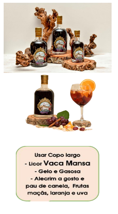 Garrafas de licor Vaca Mansa com rótulo colorido e taça com bebida e frutas