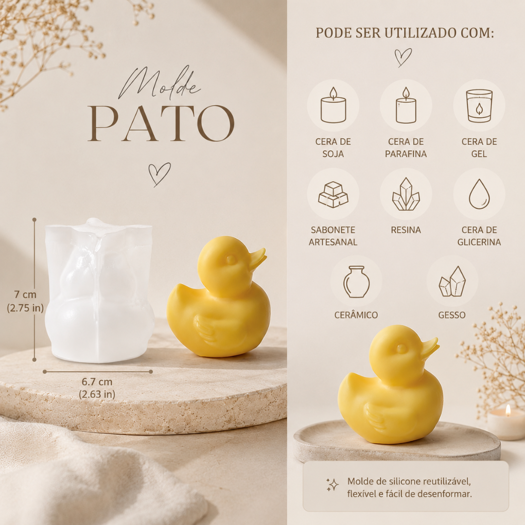 Molde de silicone translúcido em forma de pato com pato amarelo feito do molde e texto explicativo sobre materiais compatíveis.