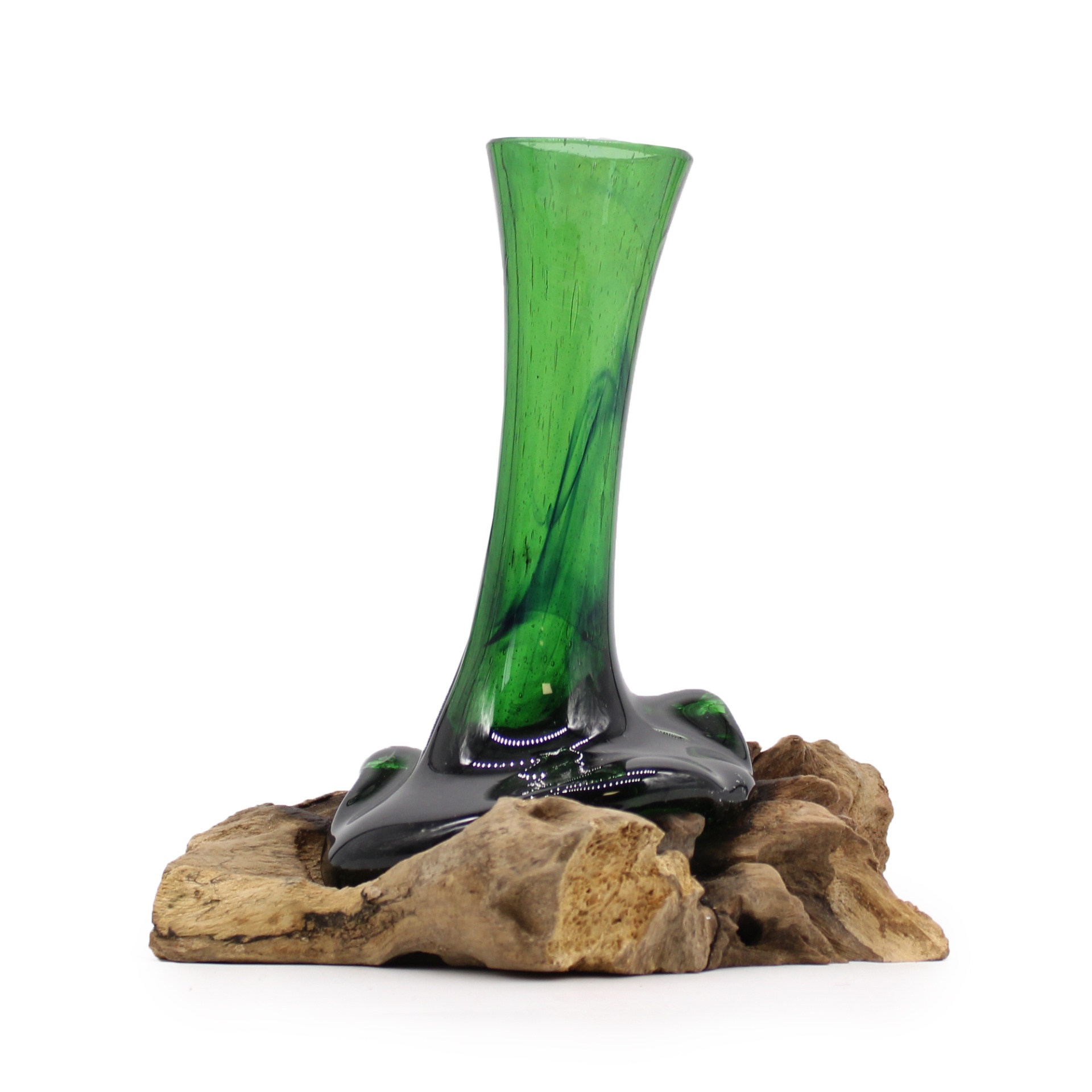 Vaso de vidro verde com base de madeira clara
