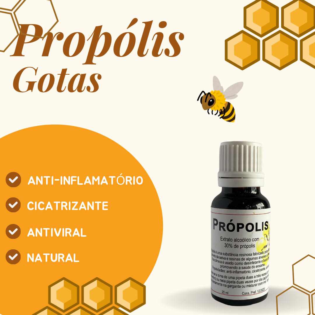 Frasco de extrato alcoólico de própolis 30% com tampa branca sobre fundo com padrão de favos de mel e abelha ilustrada.