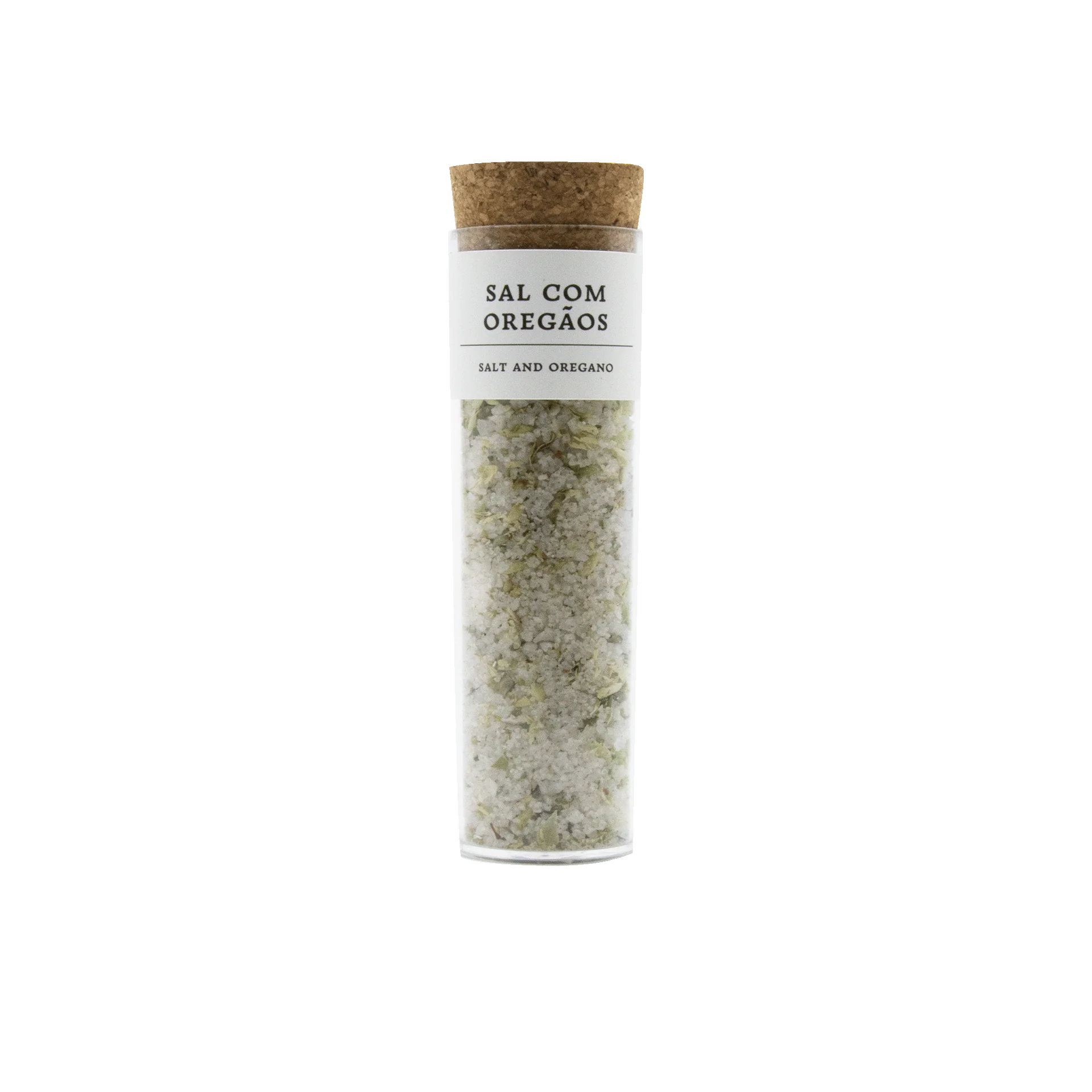 Frasco de vidro com tampa de cortiça e sal com orégãos