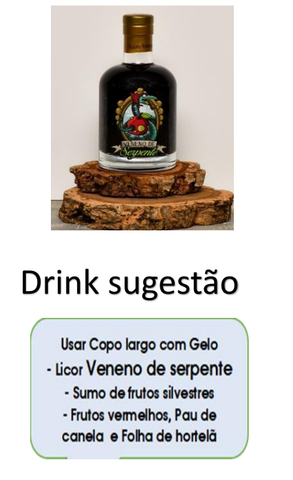 Frasco de licor Veneno de Serpente sobre madeira rústica