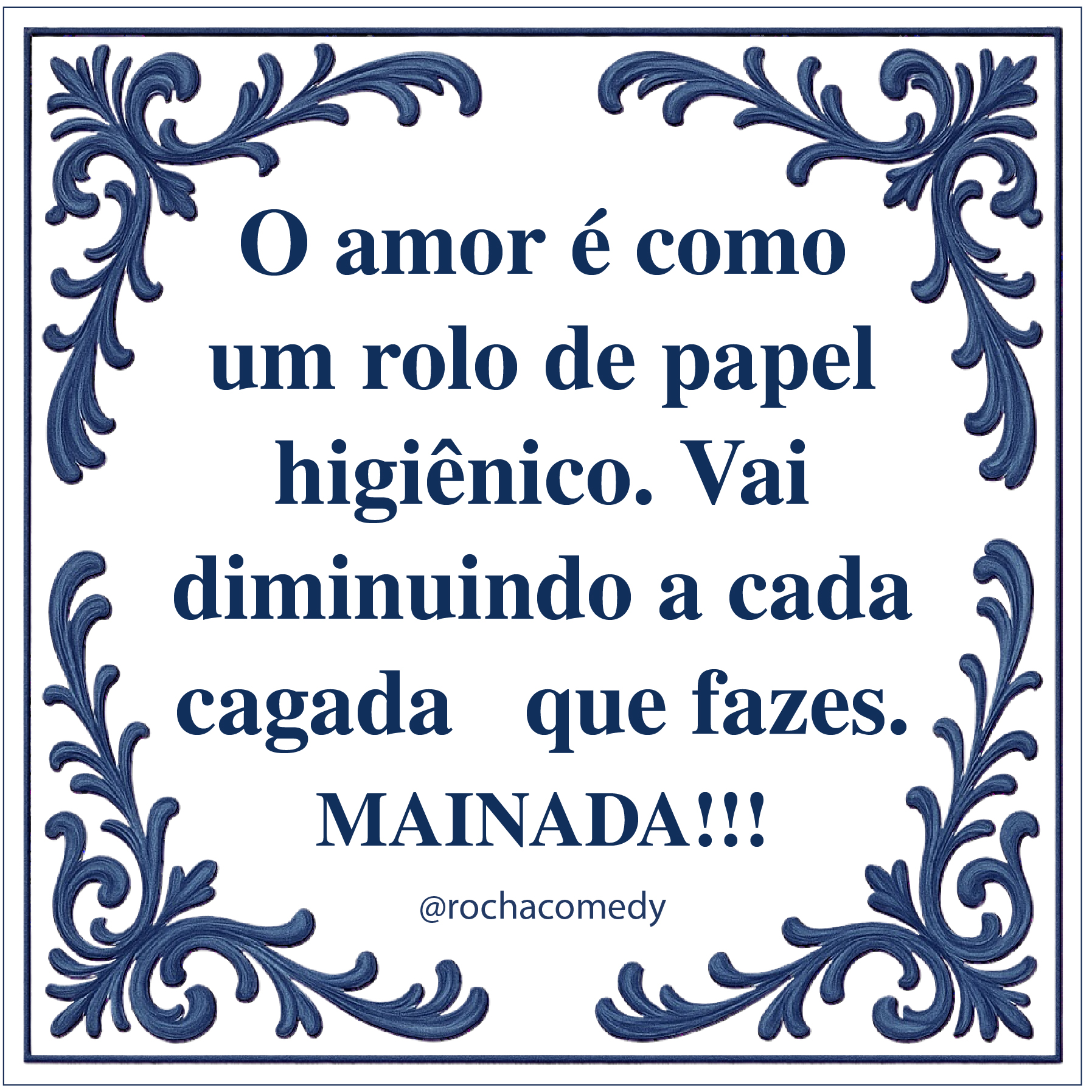 Placa decorativa com moldura azul e texto em português humorístico.