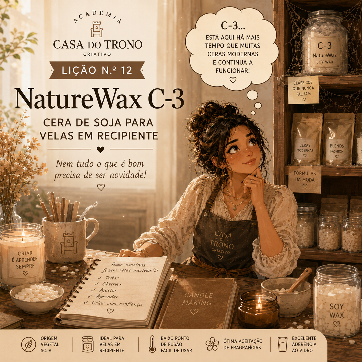 Li&ccedil;&atilde;o 12 da Academia Casa do Trono sobre NatureWax C-3, cera de soja para velas em recipiente
