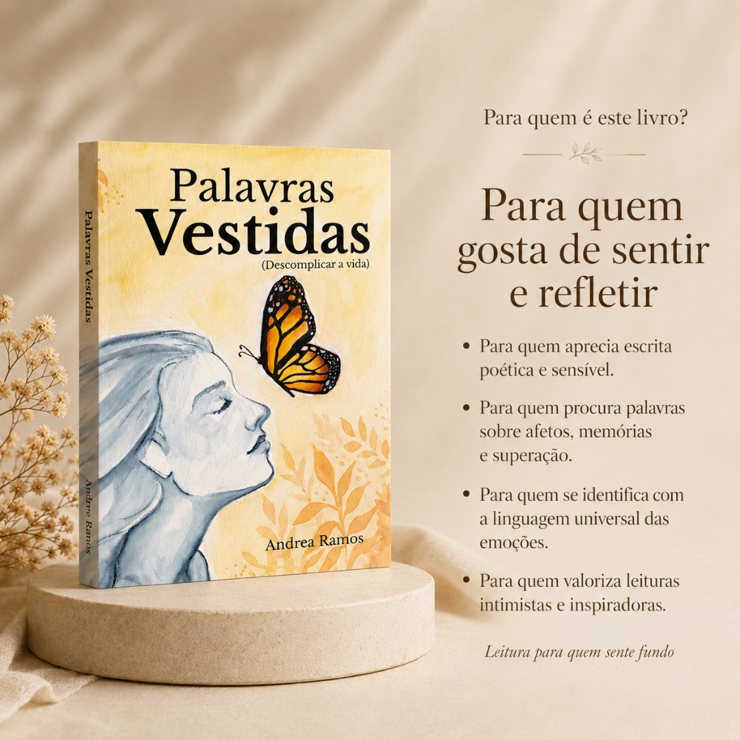 Capa do livro Palavras Vestidas com rosto feminino e borboleta, sobre suporte redondo, fundo bege com texto à direita.