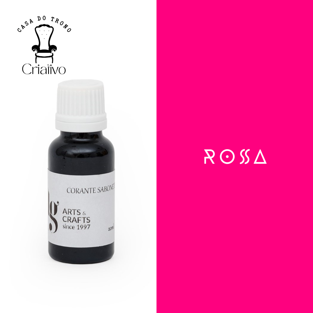 Frasco preto com tampa branca e rótulo branco com texto, fundo rosa com texto ROSSA