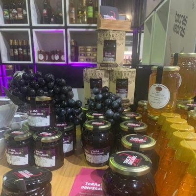 Frascos de vidro com tampa dourada de geleia LEVIDA ARTESANAL, caixas, uvas pretas e frascos de mel numa mesa de madeira em loja