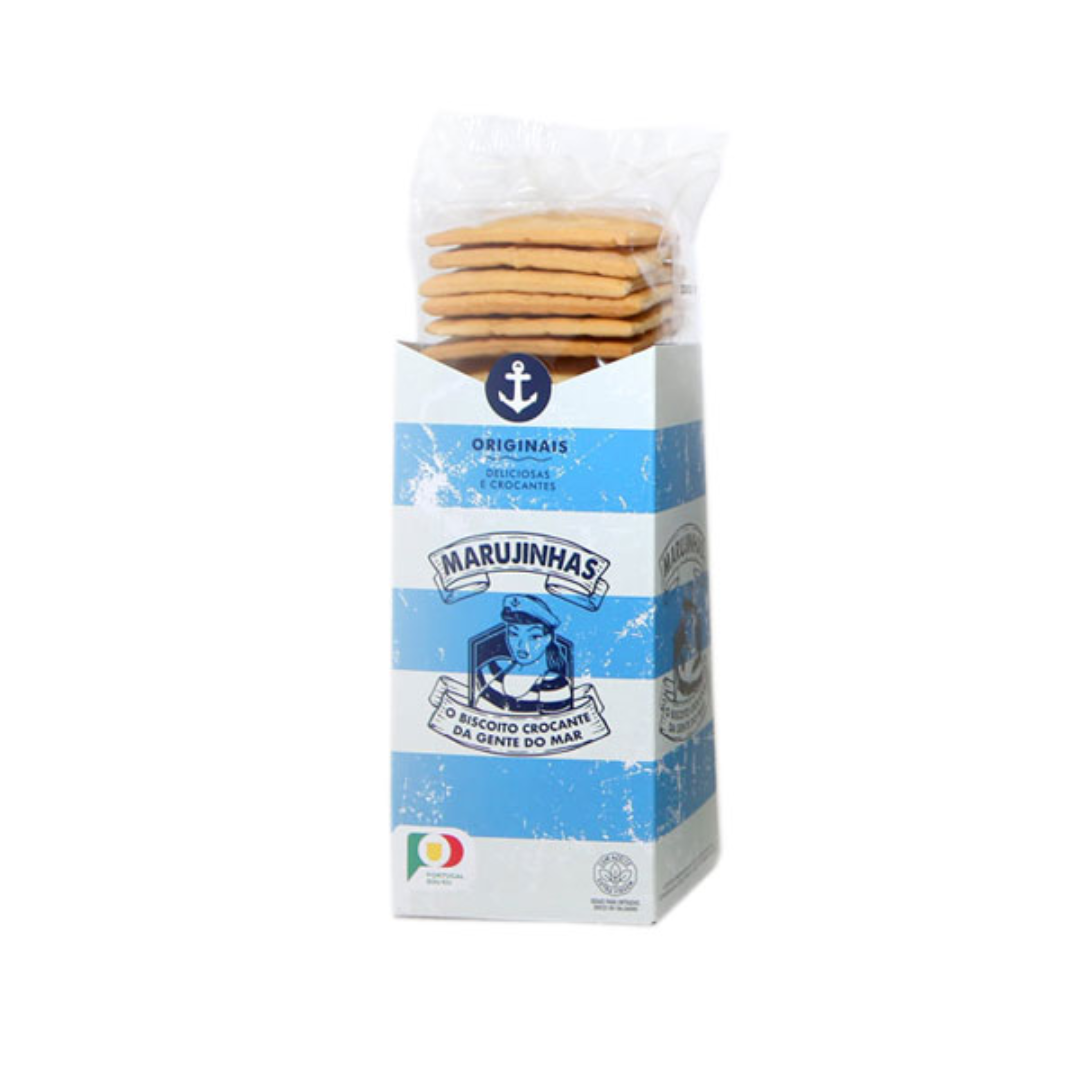 Pacote de biscoitos crocantes Marujinhas com design azul e branco listrado e ilustração de marinheiro