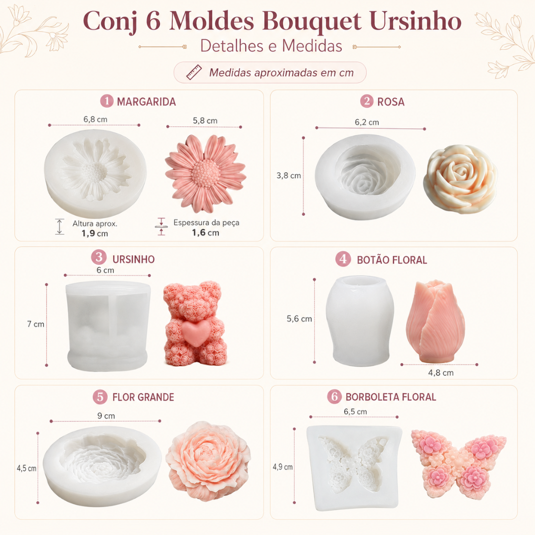 6 moldes de silicone branco para flores e ursinho com dimensões indicadas.