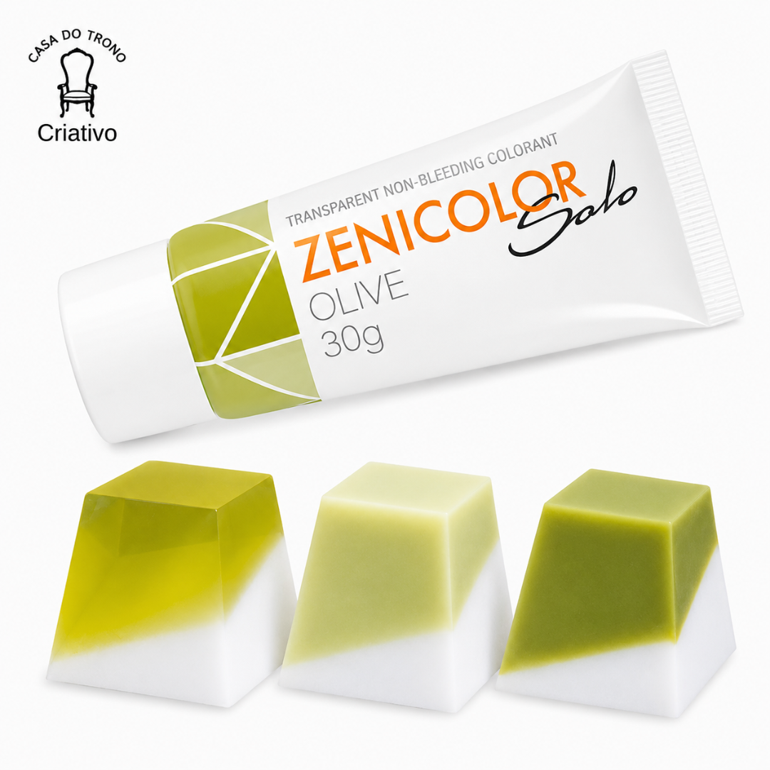 Tubo de corante ZENICOLOR Solo Olive 30g com três amostras sólidas verdes e brancas