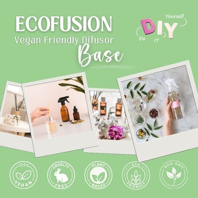 Publicidade de difusor vegano ECOFUSION com ícones de certificação e fotos de difusores em fundo verde.