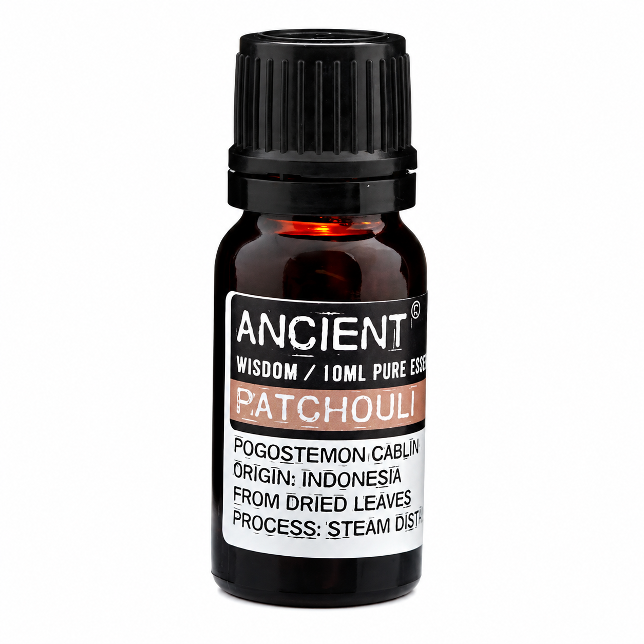 Frasco pequeno de óleo essencial Patchouli com etiqueta preta e branca