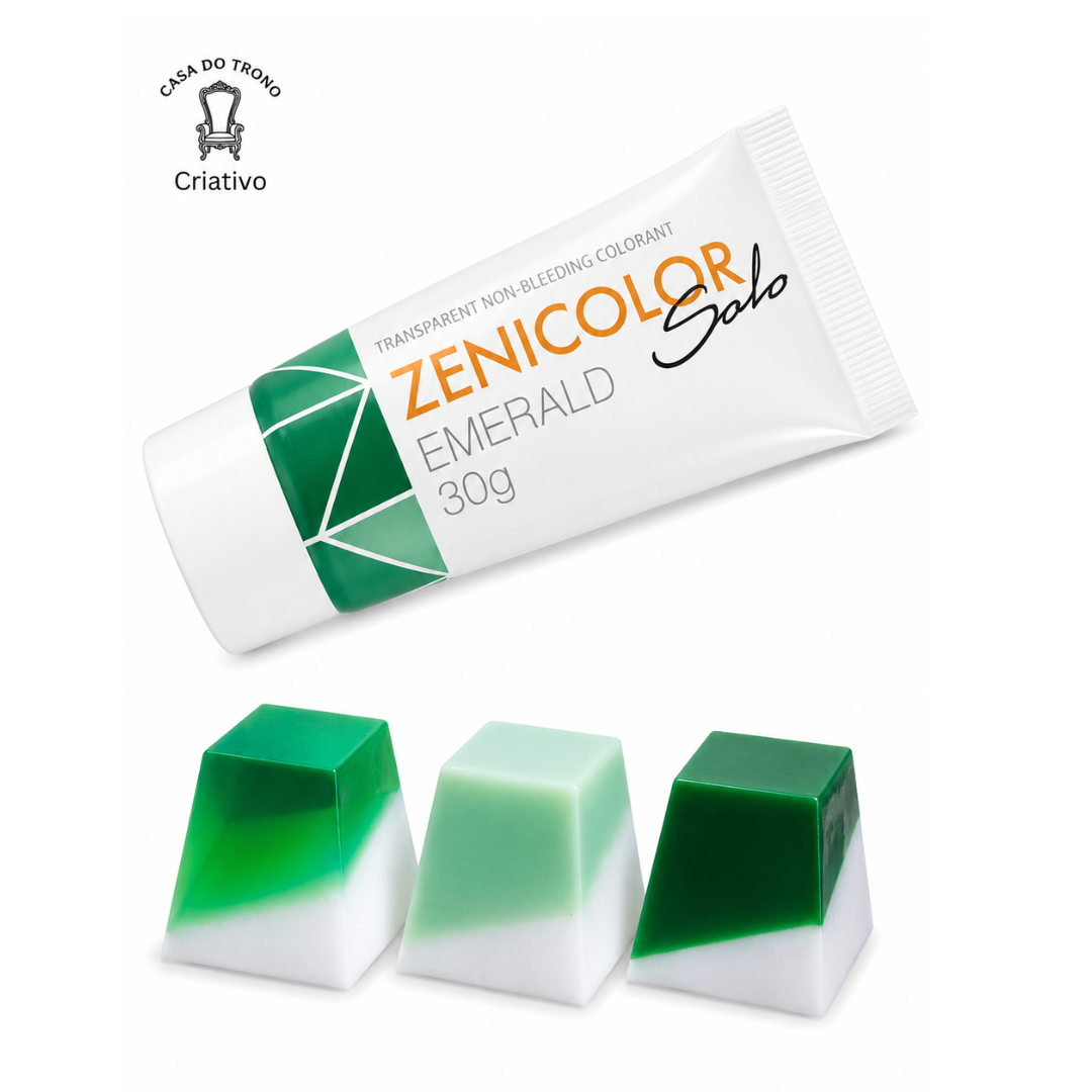 Tubo de tinta Zenicolor Solo Emerald 30g com três peças verdes e brancas trapezoidais