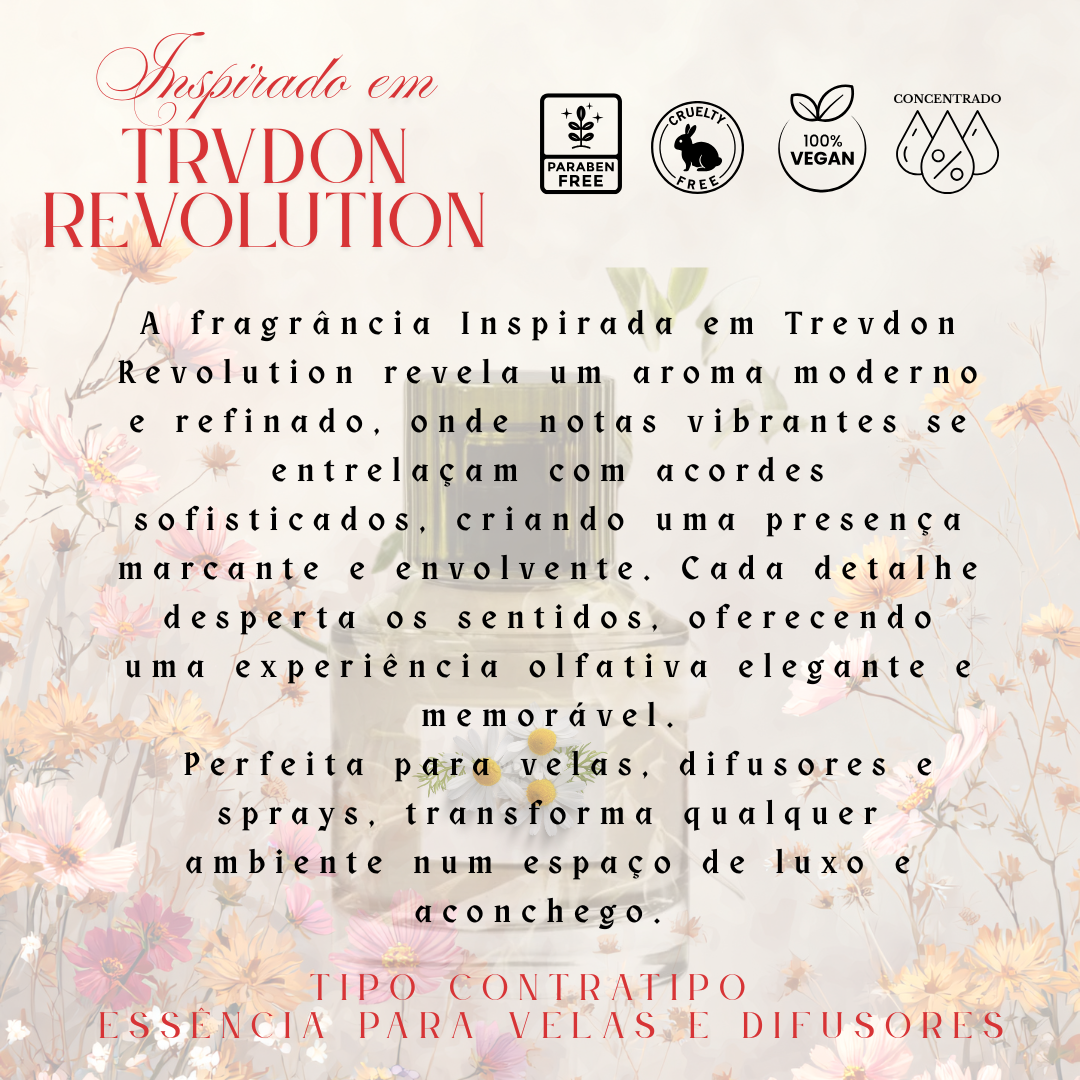 Imagem promocional de fragrância TRVDON REVOLUTION com texto e ícones de certificação