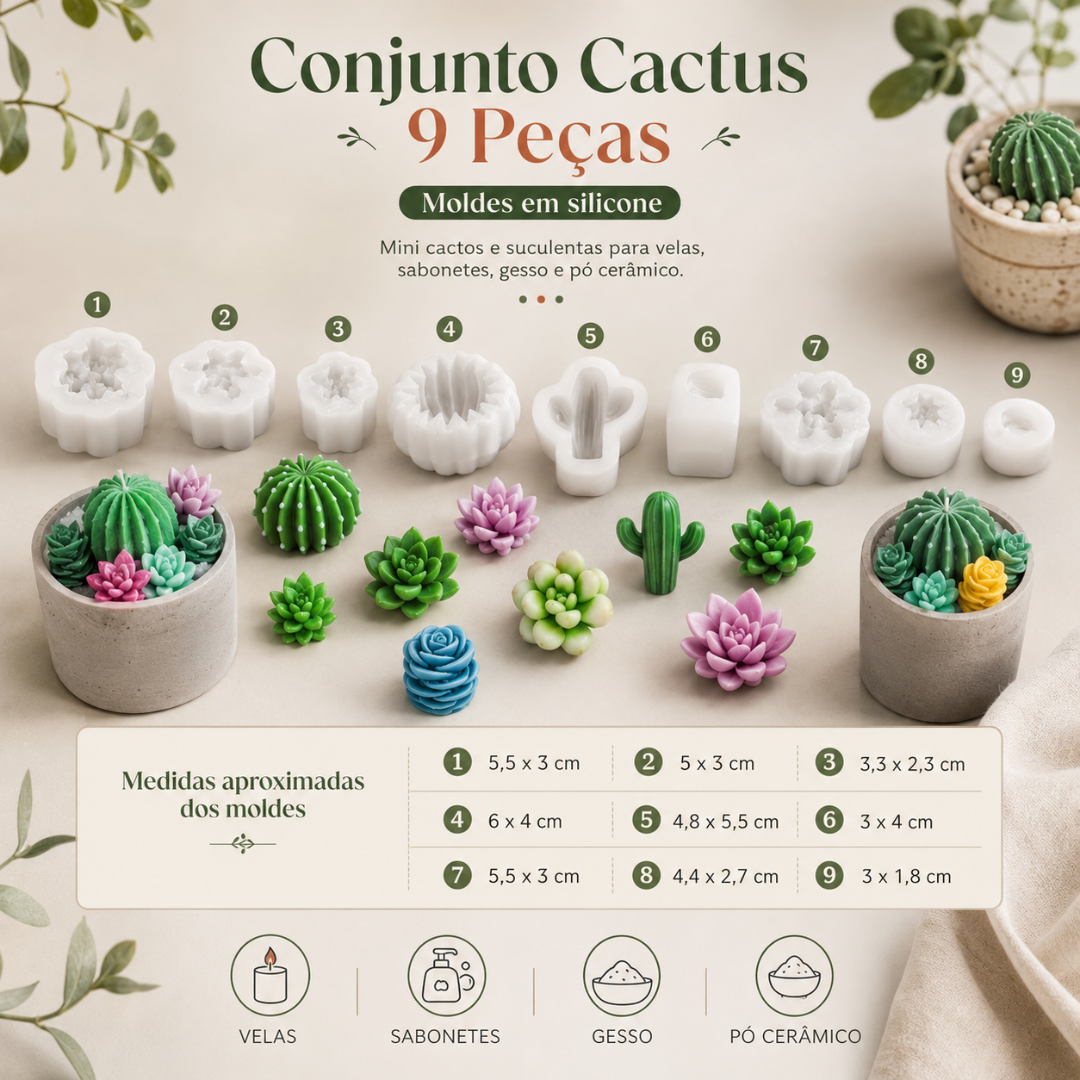 Conjunto Cactus 9 Peças de moldes em silicone para mini cactos e suculentas