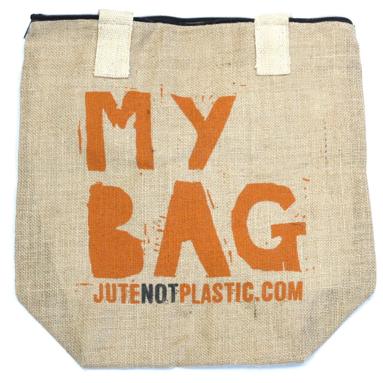 Saco de juta com texto MY BAG JUTENOTPLASTIC.COM impresso