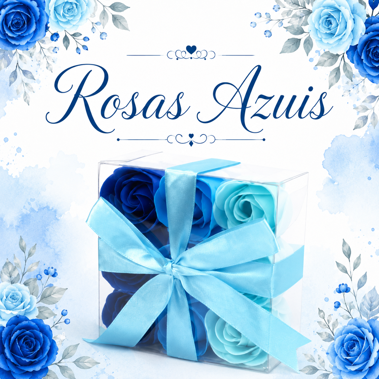 Caixa com rosas azuis decorativa e fita azul
