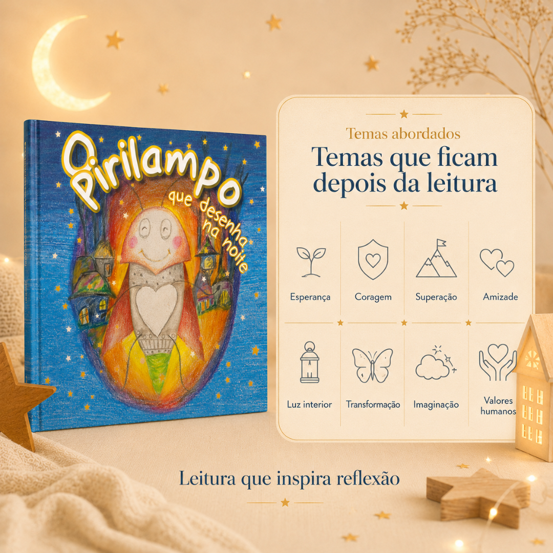 Livro Pirilampo que desenha na noite com ilustração colorida de personagem e decoração com estrelas e lua