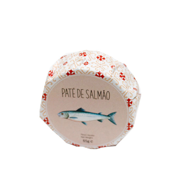Pote de paté de salmão com etiqueta decorada e tampa com padrão vermelho e dourado