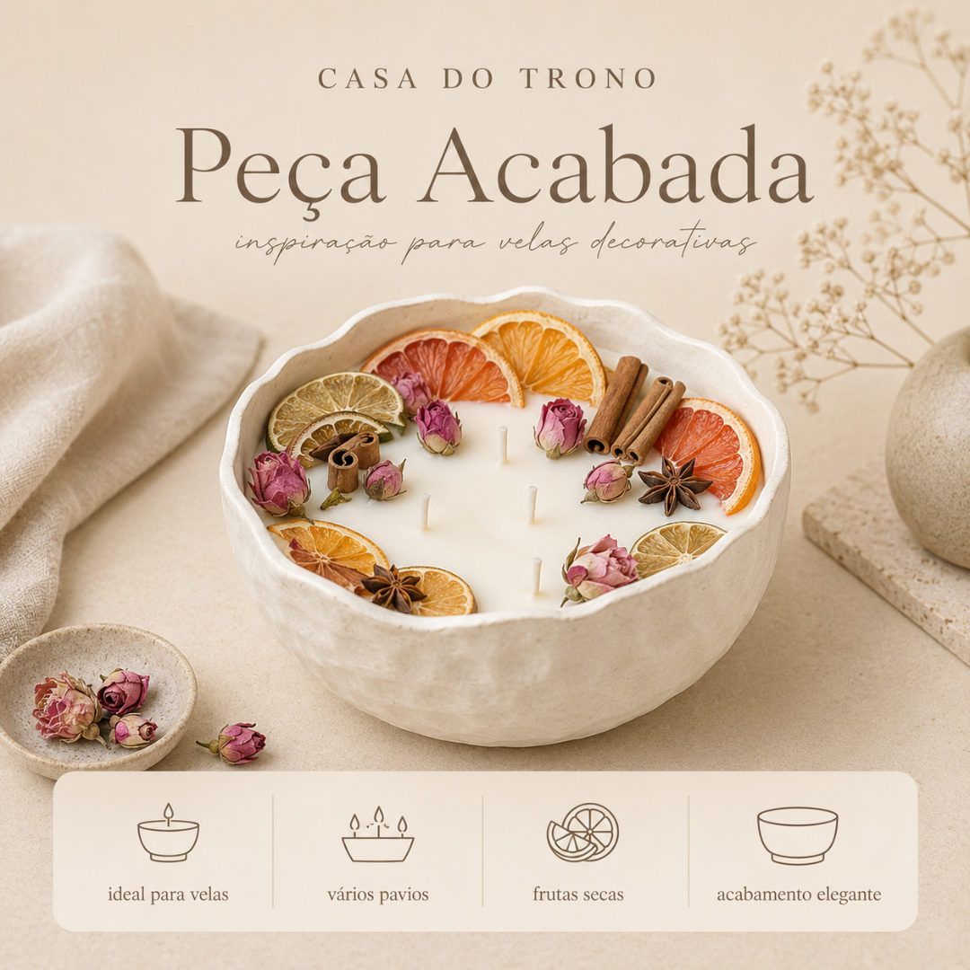 Vela decorativa em ceramics branca com frutas secas e flores