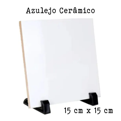 Azulejo cerâmico branco 15x15 cm em suporte preto com texto