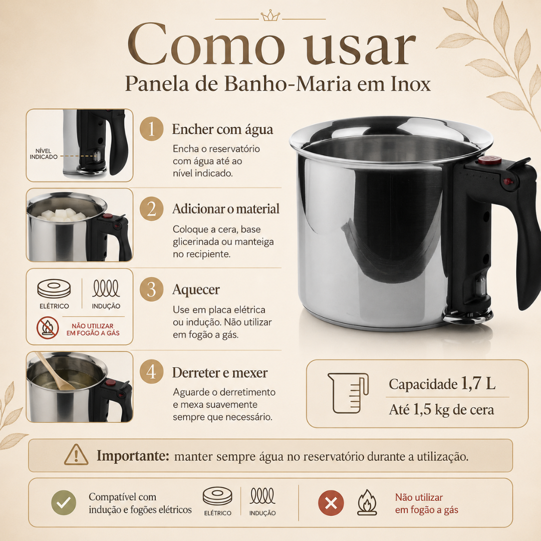 Panela de banho-maria em inox com pega preta e instruções de uso em português