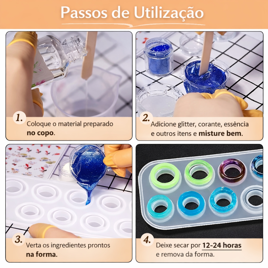 Passos de utilização molde para fazer aneis em resina