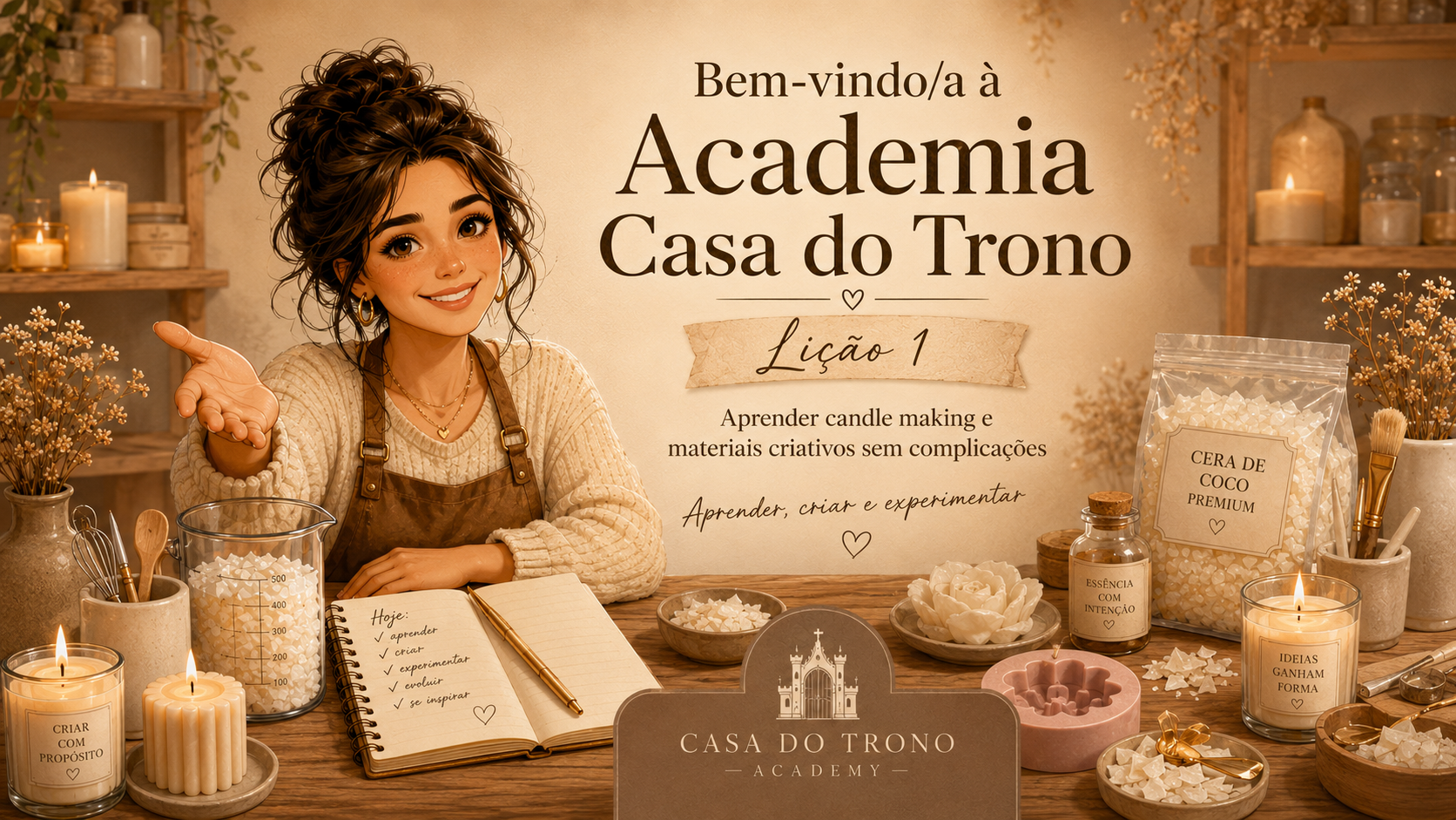 Mulher com avental e camisola junto a materiais para fazer velas, com velas acesas e embalagens de cera e essência.